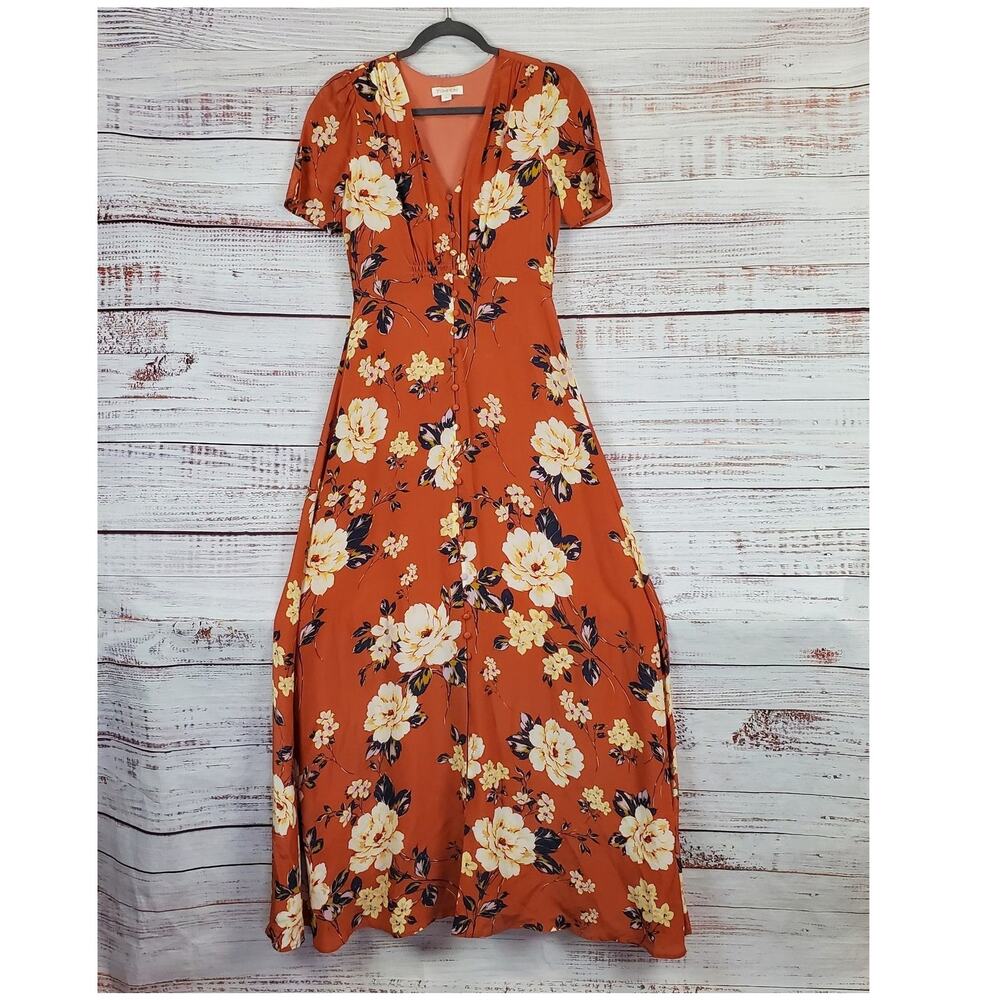 Anthropologie Rust Orange Floral Maxi Dress